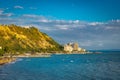 currilave beach shoreline with hotels in Durres, Albania during sunset