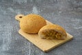 Curry bread on wood pan with background Royalty Free Stock Photo