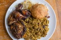 Jamaican curry goat, jerk chicken and fried dumpling