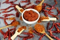 Curry paste cayenne pepper on wooden spoon spices and dried chilli peppers background / group of red hot chilli powder on black Royalty Free Stock Photo