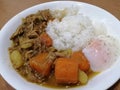 Curry pork and egg onsen. It's Japanese food. So delicious and famous cuisine.