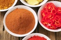 Curry powder, paprika, ground cinnamon, sliced ginger root and Royalty Free Stock Photo