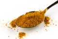 Curry powder seasoning in a metal spoon