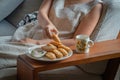 Curry puff in white dish and Tea cup on wood Royalty Free Stock Photo