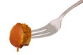 Curry-sausage slice on fork