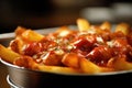 Curry Wurst with fries in a close-up shot, macro shot - made with generative AI tools