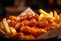 Curry Wurst with fries in a close-up shot, macro shot - made with generative AI tools