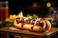 Curry wurst Hot Dog in a close-up shot, macro shot - made with generative AI tools