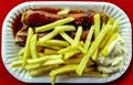 Currywurst with French fries and mayonaise, typical German breakfast for truck drivers