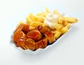 Currywurst with golden potato chips