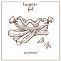 Currywurst sausage and fries sketch icon for European German food cuisine fast food menu design