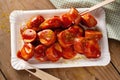 Currywurst served on plate with ketchup Royalty Free Stock Photo