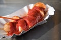 Currywurst a typical German street food grilled and sliced sausage with curry ketchup Royalty Free Stock Photo