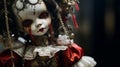 Cursed Doll With Intricate Red And White Makeup And Accessories