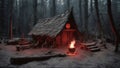 A cursed forest with a witch hut in the center. The hut is made of bones and flesh, and has a cauldron with red fire