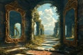 Cursed mirror labyrinths, reflecting distorted versions of reality and challenging perception - Generative AI