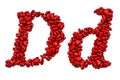 Cursive letter D from red hearts, capital and small letters. 3D rendering Royalty Free Stock Photo