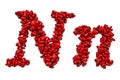 Cursive letter N from red hearts, capital and small letters. 3D rendering Royalty Free Stock Photo