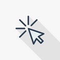 Cursor arrow, click thin line flat color icon. Linear vector symbol. Colorful long shadow design. Royalty Free Stock Photo
