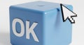 Cursor clicking blue cube with ok button symbolizing agreement and approval decision Royalty Free Stock Photo