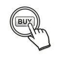 Cursor hand clicking on a circular button with the word BUY in the center on a white background Royalty Free Stock Photo