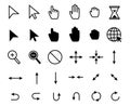 Cursor icons. Web pointer clicking, scale arrow and magnifier icon. Grab hand, pointing arrows and hourglass loading