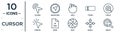 cursor linear icon set. includes thin line clicker, hold, circle, word, scroll, select, pointer icons for report, presentation, Royalty Free Stock Photo