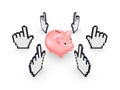 Cursors around pink piggy bank.