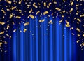 Curtain with confetti. Shiny stage curtains and golden glitter foil with lighting, award of success champion and winner