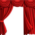 Curtain with drape stage. Theatre fabric red curtains with elegant decor drapes for entertainment vector template