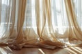 A curtain hangs in front of a window, partially obstructing the view, Freshly laundered curtains and drapes hanging perfectly in