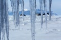 Curtain of icicles and tourist expedition on Baikal ice. Royalty Free Stock Photo