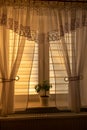 Curtain interior sunset. House room. run lighting through transparent curtain on window into bedroom at evening sunny day