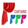 Curtain Red Silk Set Vector. Velvet Theater Or Cinema Luxury Textile Drapery. Fabric Cloth Waving Shape. 3D Realistic