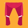 Curtain red stage vector flat icon art. Backdrop velvet classic open textile fabric frame. Interior drapery tassel room hall