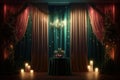 Curtains with burning candles and christmas tree. Generative AI Royalty Free Stock Photo