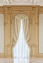 Curtains in a carved niche of wood in a classic style. 3d rendering