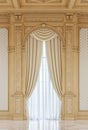 Curtains in a carved niche of wood in a classic style. 3d rendering