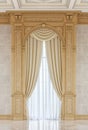 Curtains in a carved niche of wood in a classic style. 3d rendering