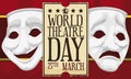 Curtains, Masks and Commemorative Ticket to Celebrate World Theatre Day, Vector Illustration