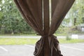 Curtains on summer veranda. Velvet curtains. Interior details