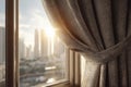 Curtains on window with city view and morning light Ai photo Royalty Free Stock Photo