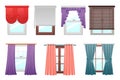 Curtains on windows. Cartoon interior decoration. Indoor hanging textile for kitchen and living room. Various drape