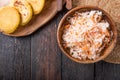 Curtido - lightly fermented cabbage relish with Pupusa. Typical in Salvadoran cuisine and Central American countries Royalty Free Stock Photo