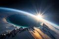 Curvature Of Planet Earth. Aerial View Of Blue Planet From Space. Sunrise Over Globe Land And Ocean. Generative AI Royalty Free Stock Photo