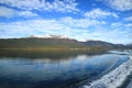 Curve line of water foam at the stern of cruise ship cruising the Beagle channel, Patagonia, Argentina