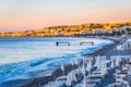 Curve of mediterranean sea of Nice, France at sunrise