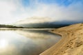 Curve river with mountain cloudy fog Royalty Free Stock Photo