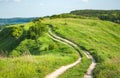 A crooked country road going up a hill covered with green grass Royalty Free Stock Photo