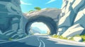 The curve serpentine road goes out of a tunnel flooded with sunlight. Cartoon summer modern landscape of asphalt highway Royalty Free Stock Photo